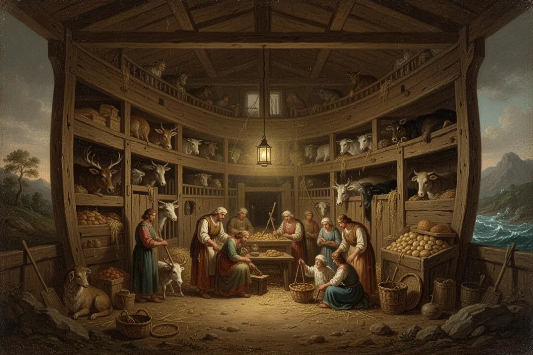 Noah’s family caring for animals inside the ark during the long flood