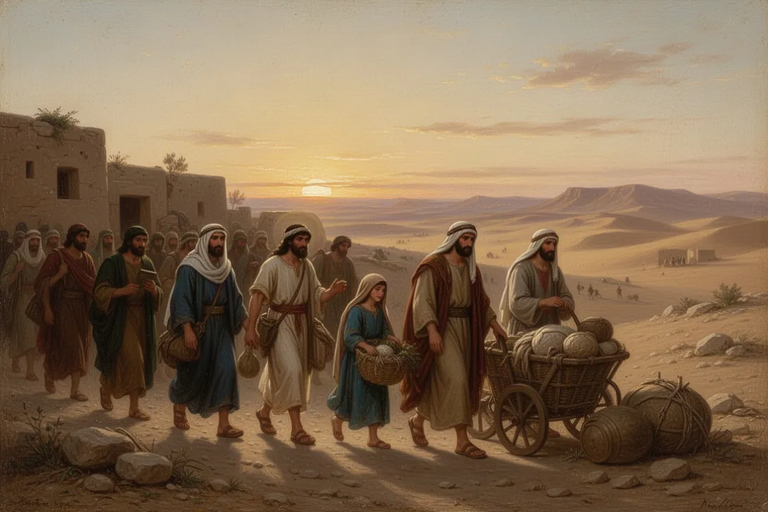 Israelites leaving Egypt at dawn with belongings and desert landscape