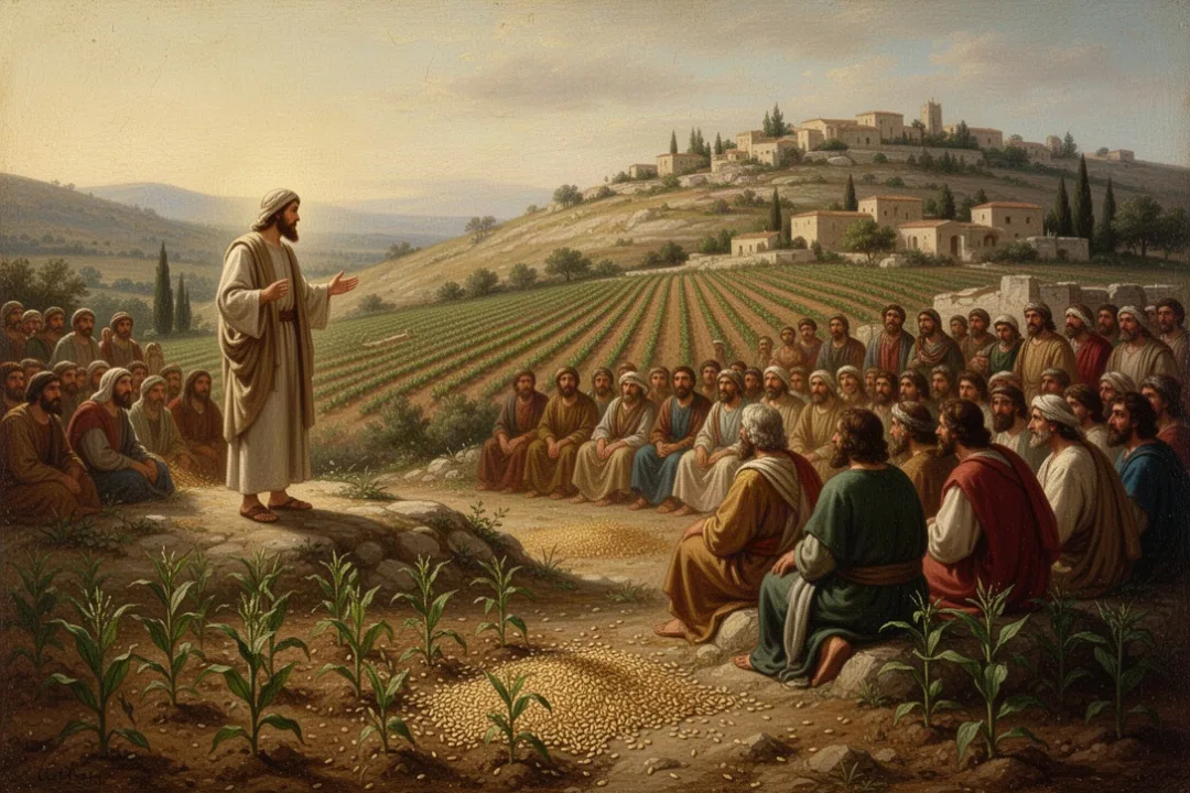 Teacher sharing a parable with listeners beside fields