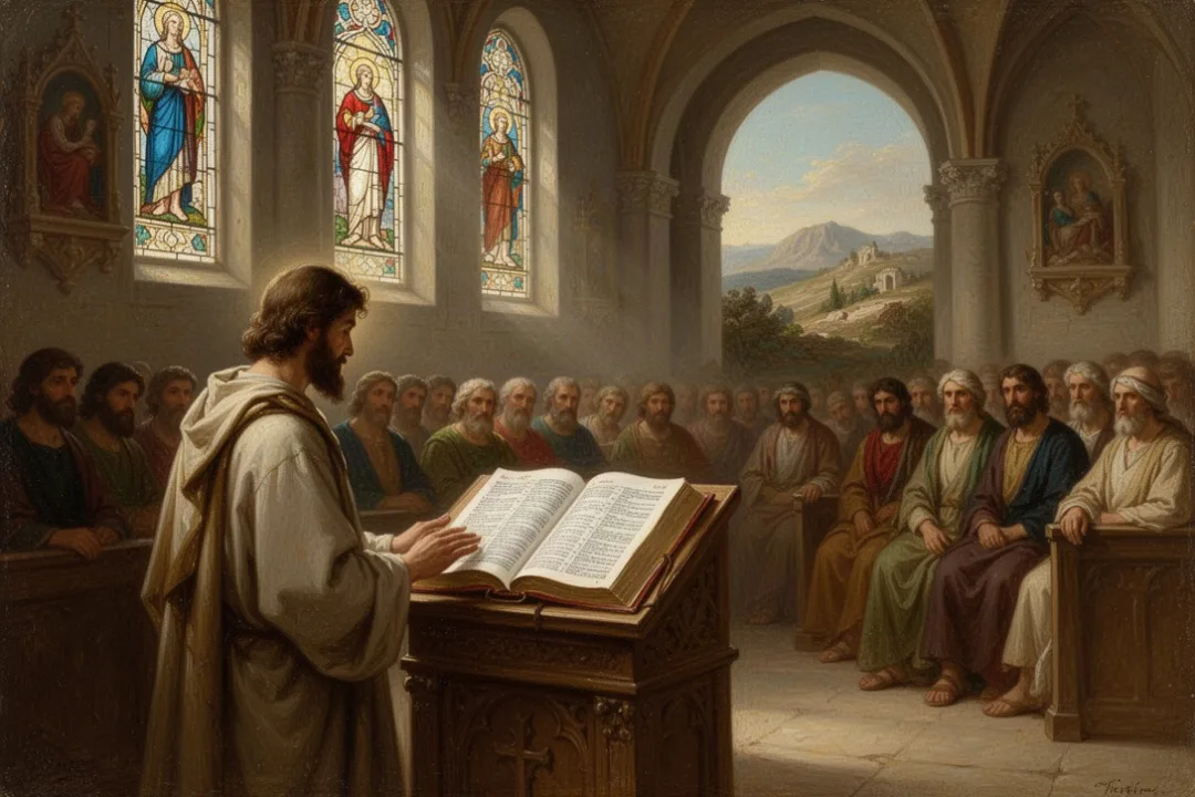 Open Bible on lectern during Christian church worship