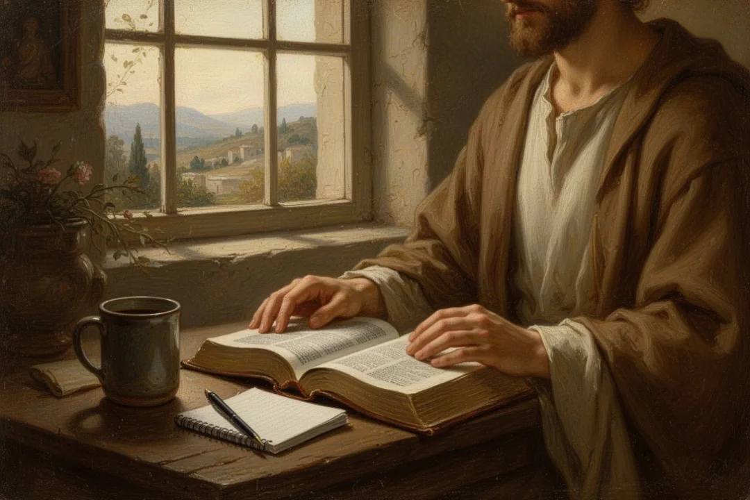 Christian reading the Bible and reflecting during a quiet morning