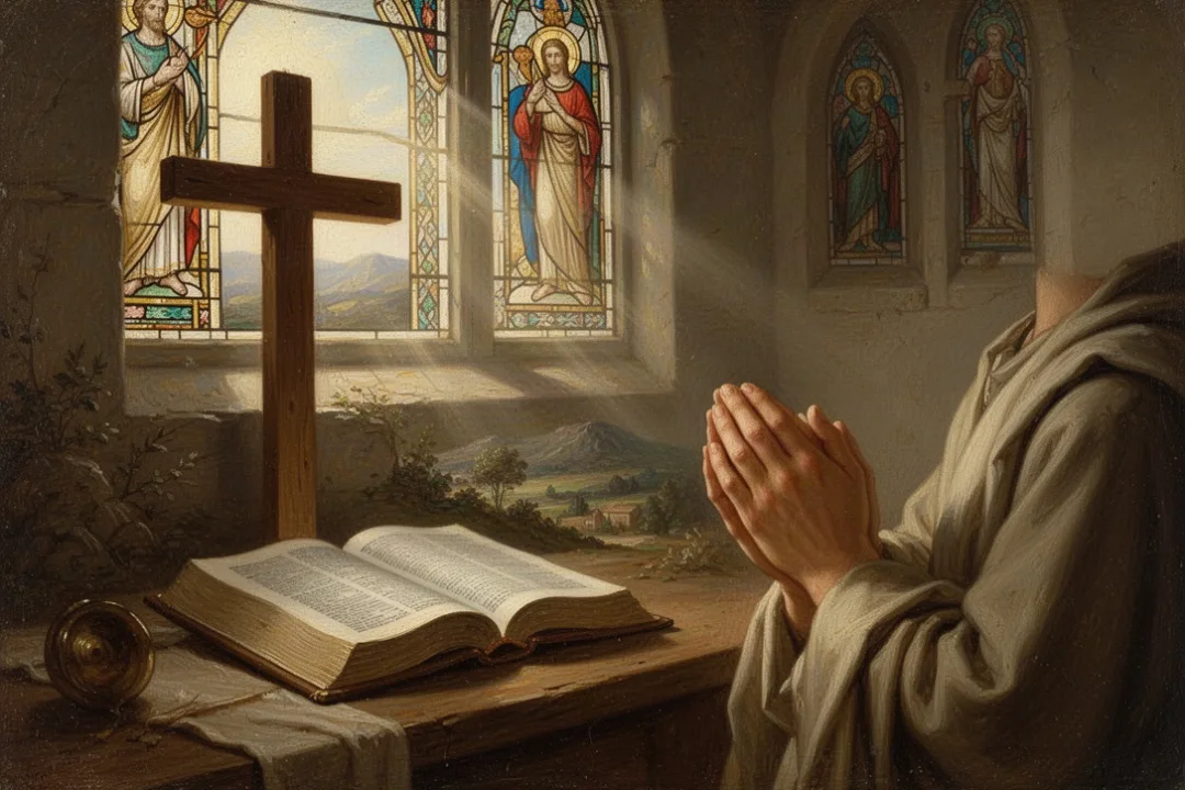 Open Bible and cross in a softly lit church during prayer
