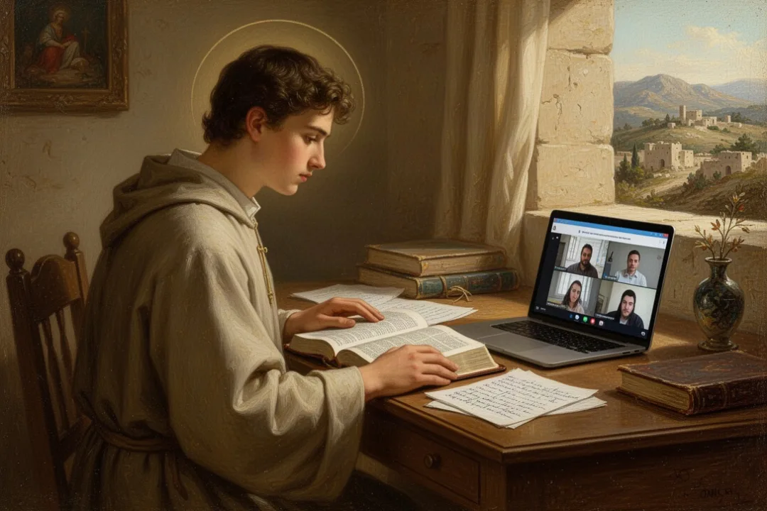Catholic student attending an online Bible study beside an open Bible
