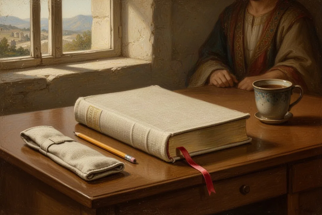 Linen Bible with protective sleeve and reading accessories on wooden desk