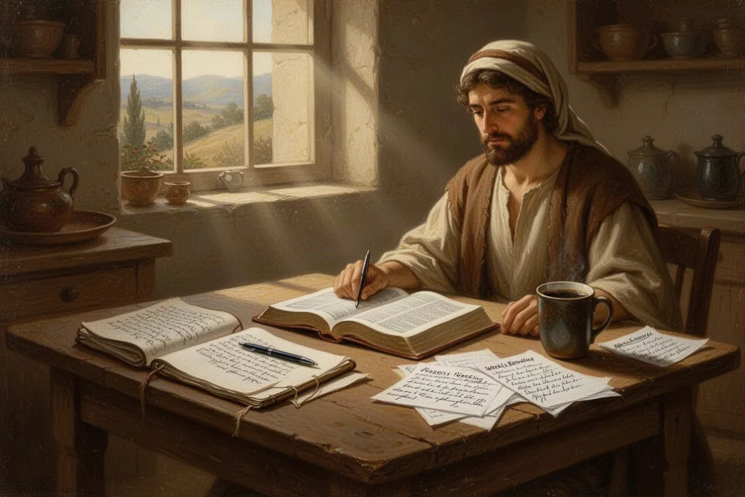 Open Bible and journal prepared for weekly Scripture study