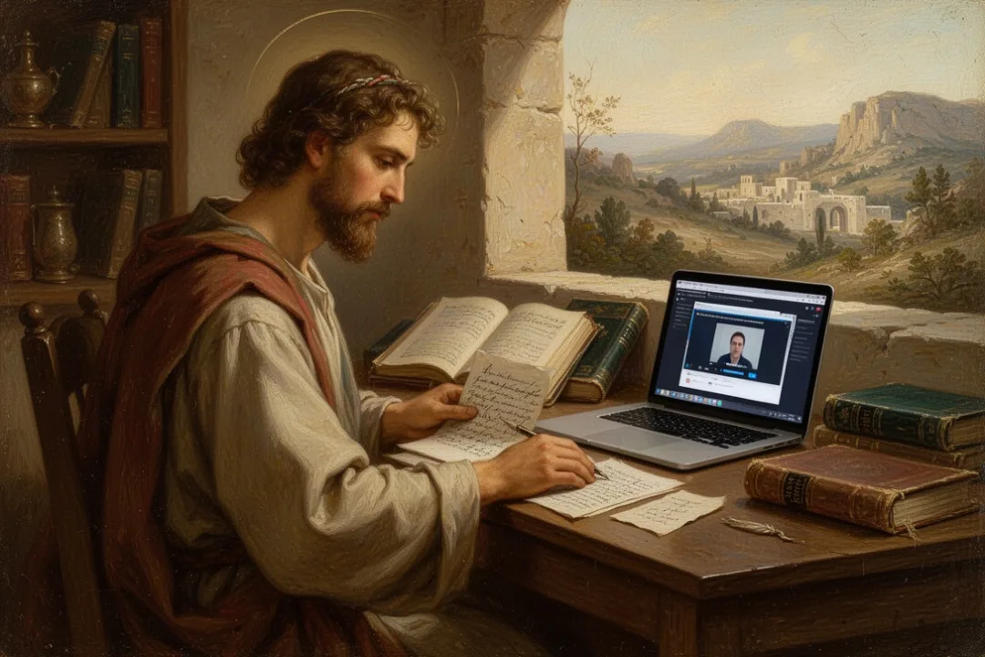 Student studying theology online with books, notes, and laptop