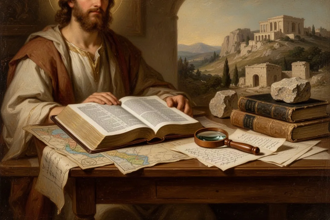 Bible study desk with map, research books, and historical notes