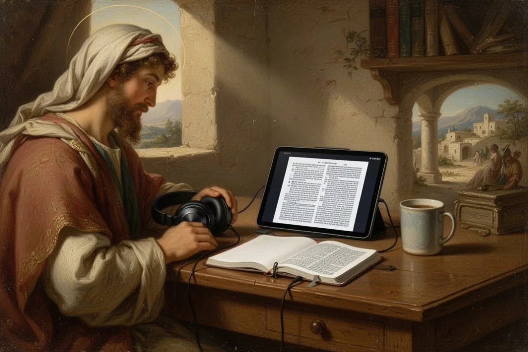 Tablet, headphones, and notebook arranged for free Bible audio listening