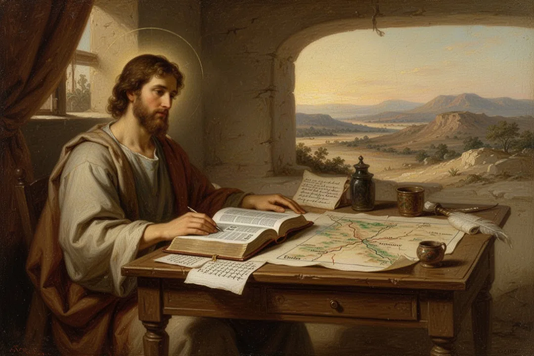 Open Bible and study notes beside a wilderness map