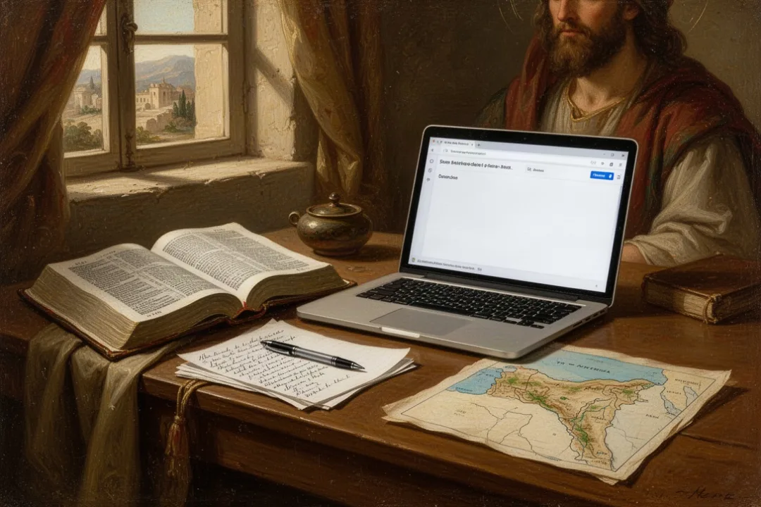 Open Bible and laptop used for online biblical dictionary research