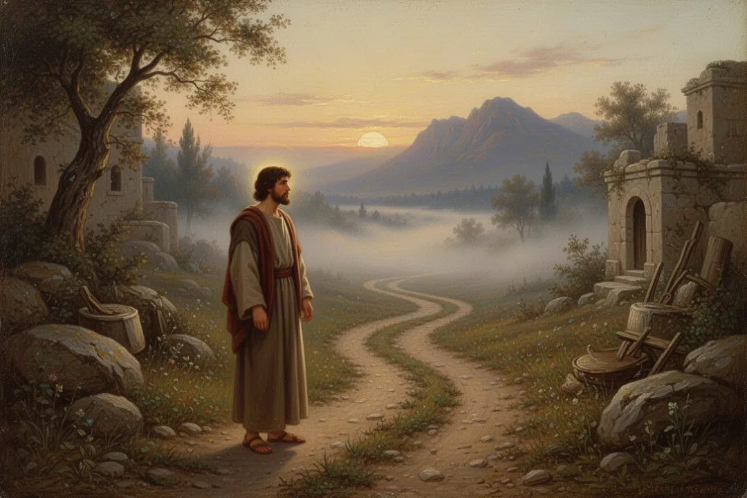 Person choosing a misty trail at dawn while trusting an unseen destination