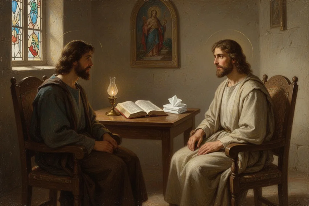 Quiet church counseling room with open Bible and two chairs