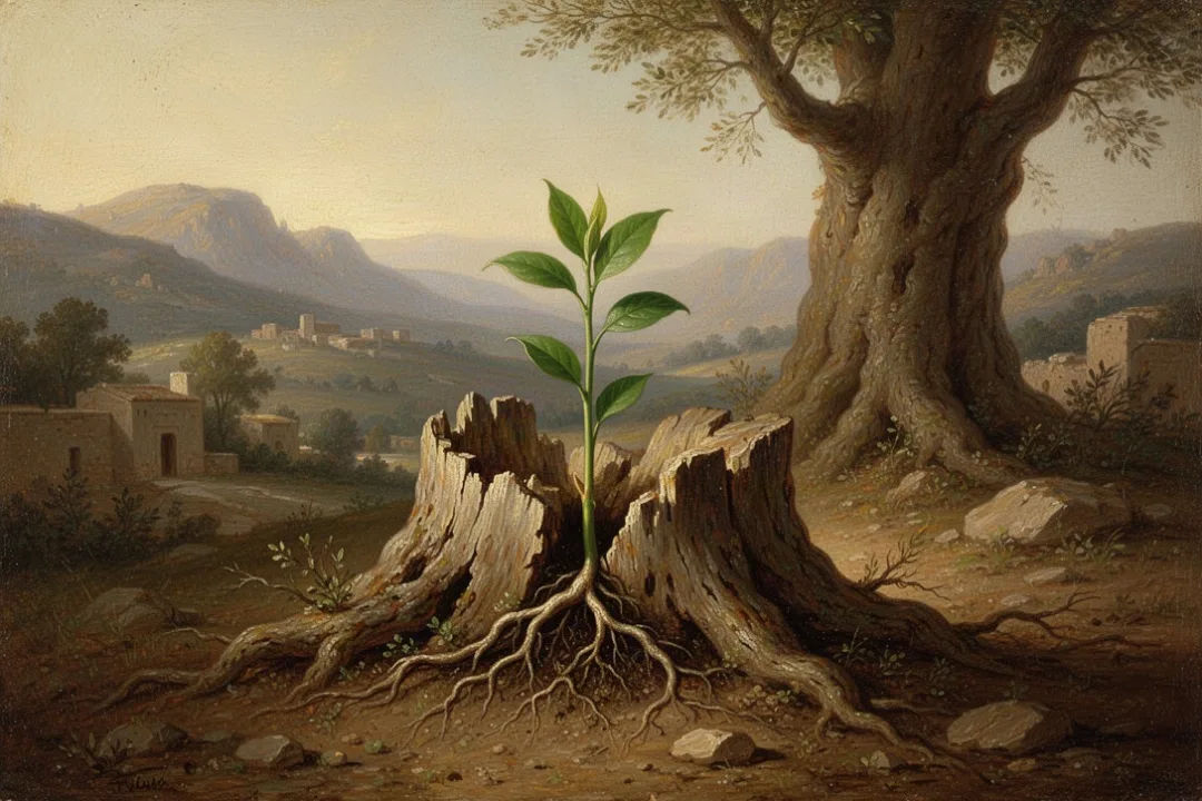Green shoot growing from a stump in a peaceful ancient landscape