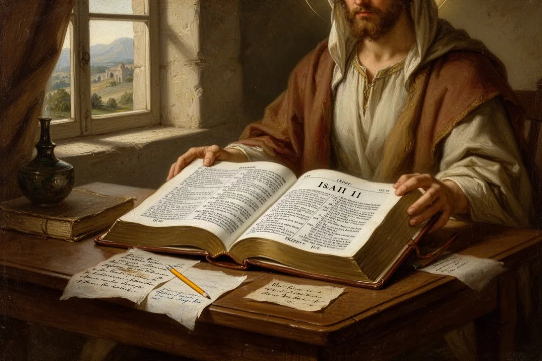 Open Bible and notes illustrating verification of Isaiah 11:19