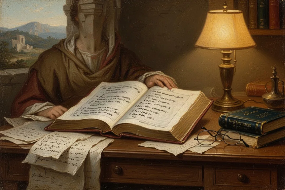 Open Bible study desk with notes and reference materials