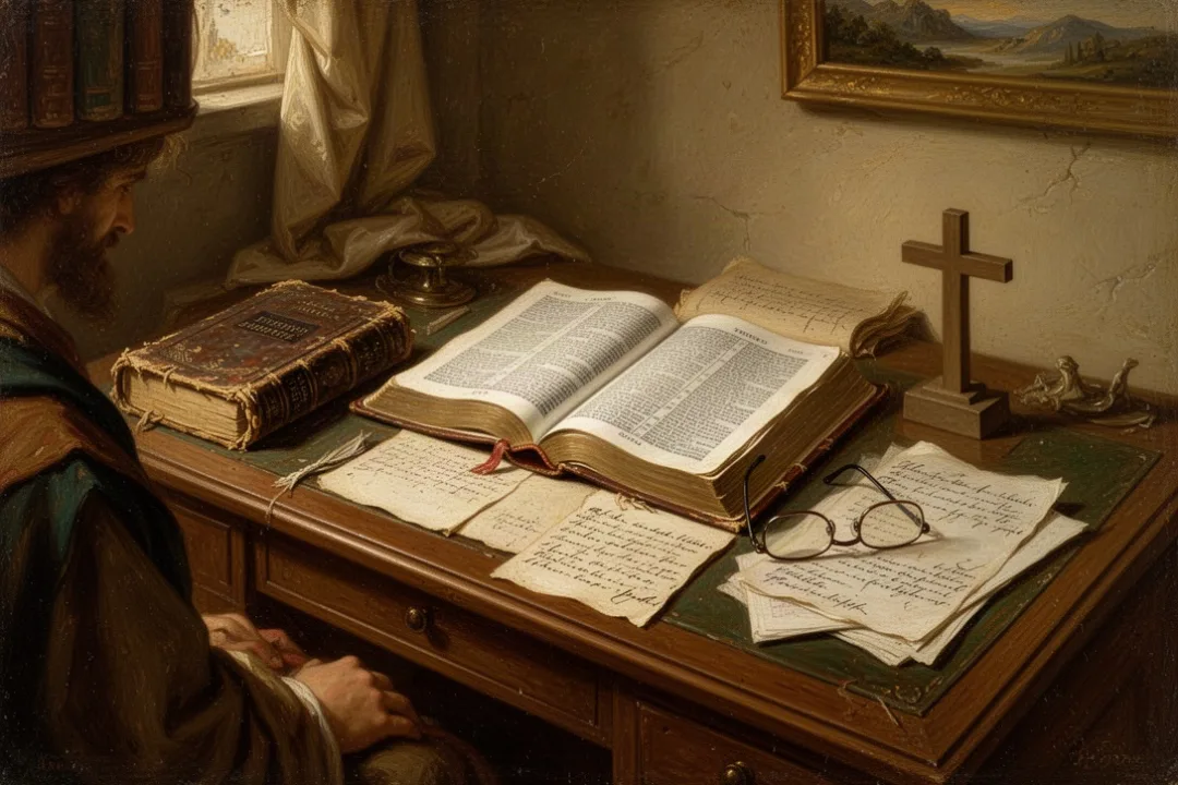 Open Bible and classic commentary arranged for thoughtful study