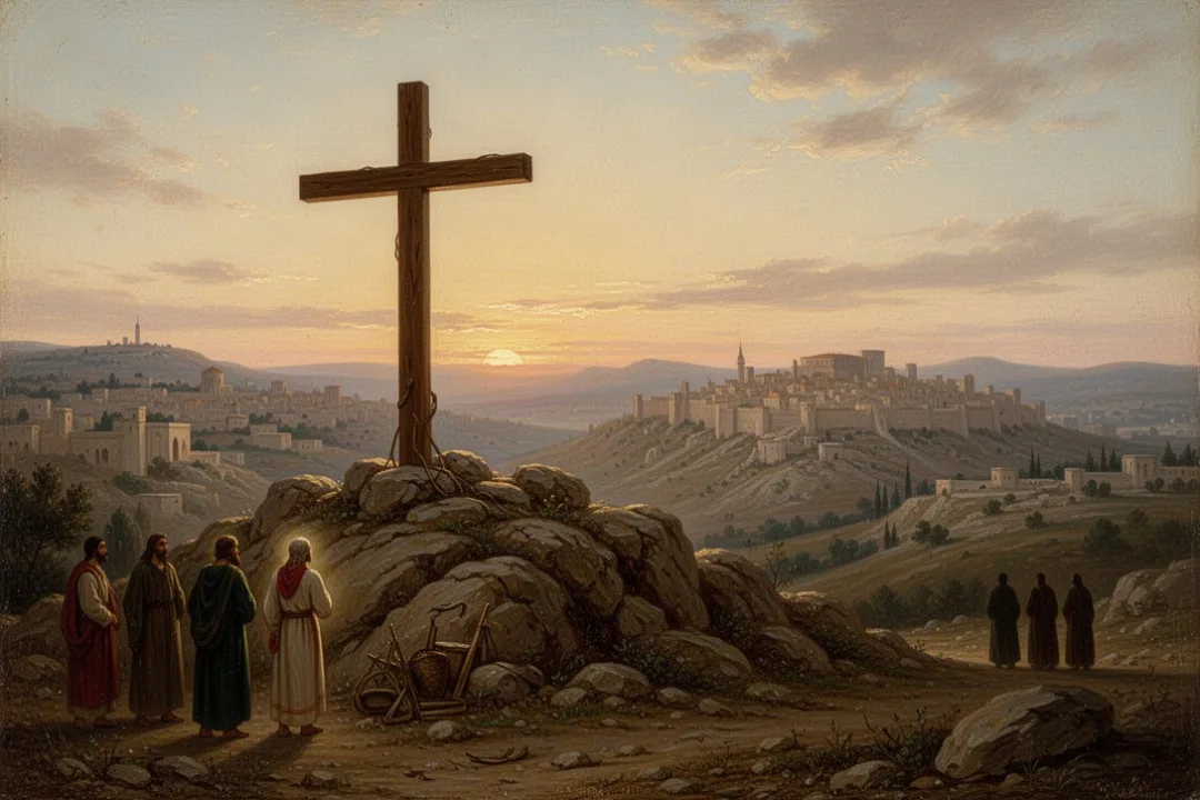 Wooden cross on a hill at dawn with distant observers