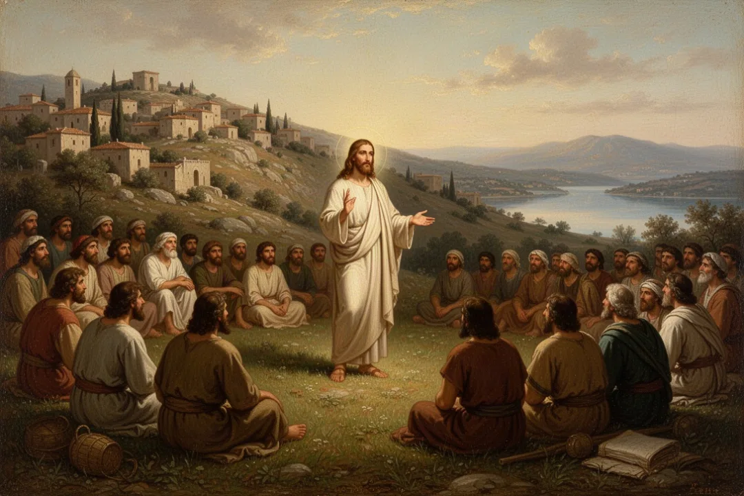 Jesus teaching a diverse crowd on a hillside beside a lake