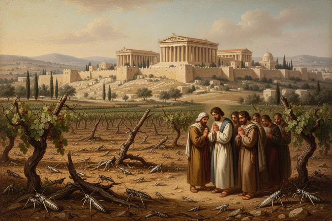 Judahite fields damaged by locusts as people pray together