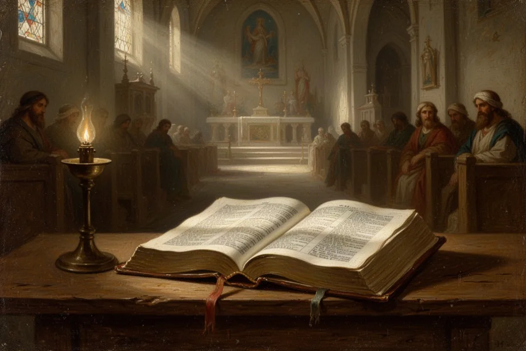 Open Bible beside lamp in a quiet church sanctuary