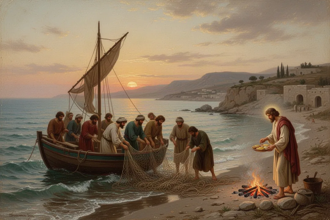 Disciples draw a full fishing net while Jesus prepares breakfast by the sea