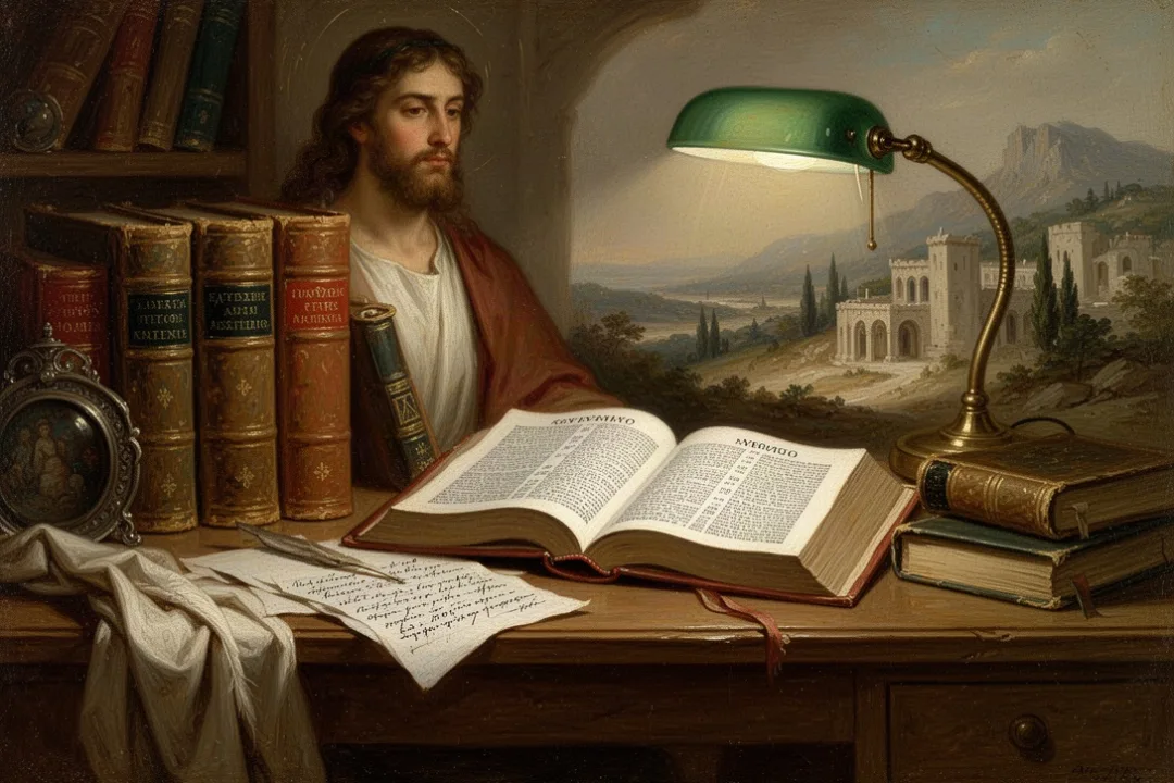 Open Greek New Testament beside theological dictionary volumes