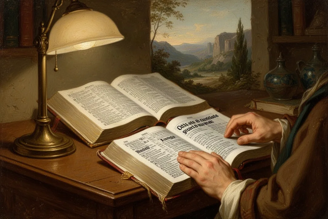 Reader comparing KJV and NKJV Bibles during a quiet home study