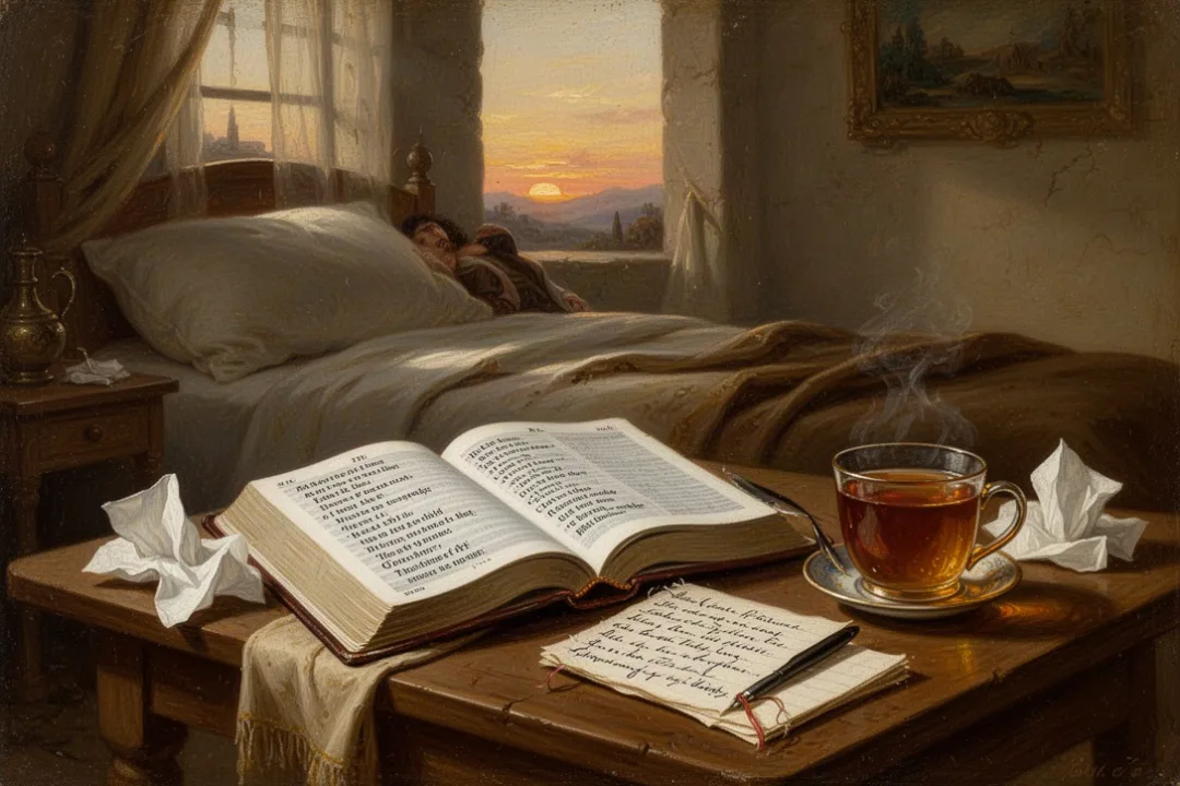 Open Bible and journal beside tea in a quiet room