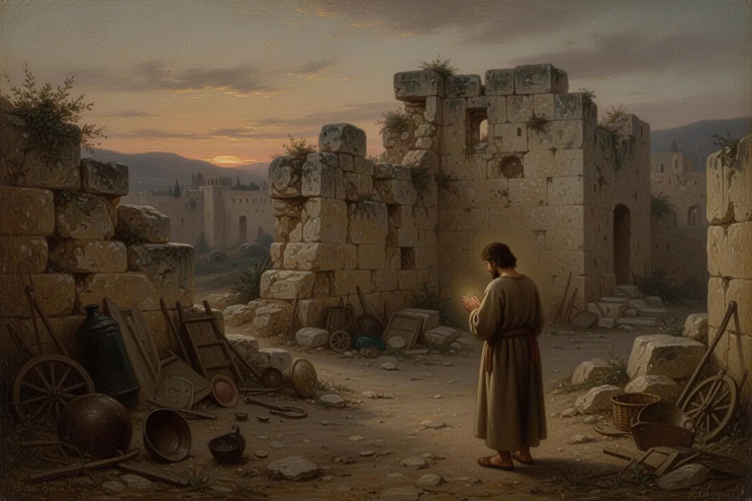 Ruined Jerusalem walls at dusk with a solitary grieving figure