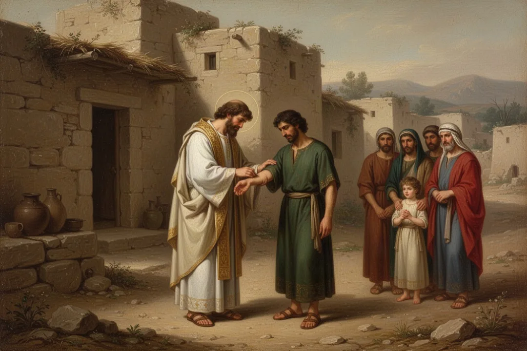 Priest examining a suspected biblical skin condition outside an ancient settlement