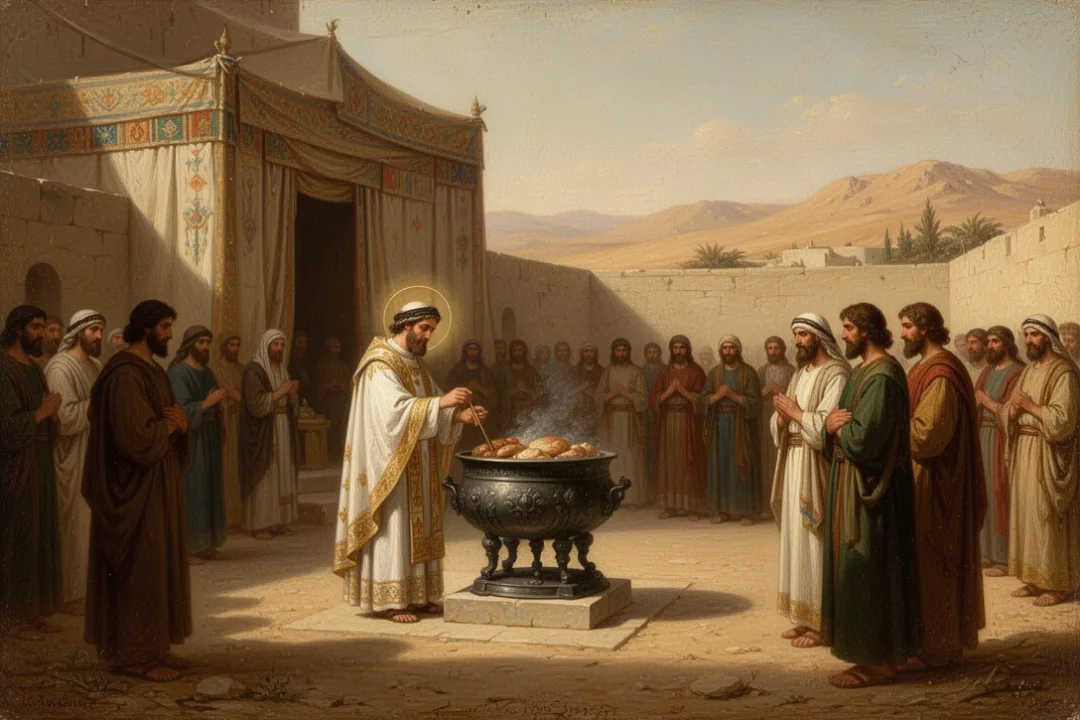Ancient Israelite tabernacle courtyard with priest preparing a sacrificial offering