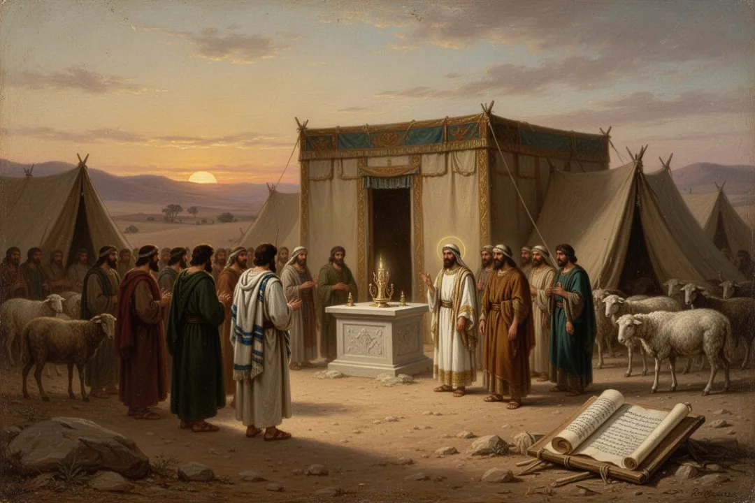 Ancient Israelite worship near the tabernacle in a desert camp