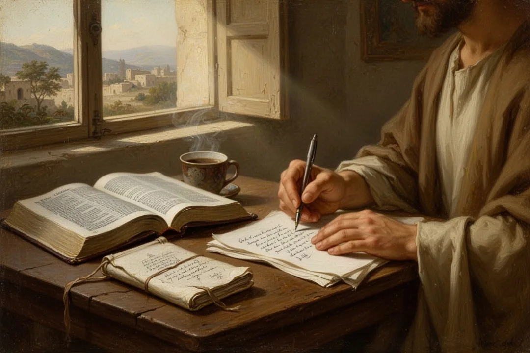 Open Bible and journal during quiet morning scripture study