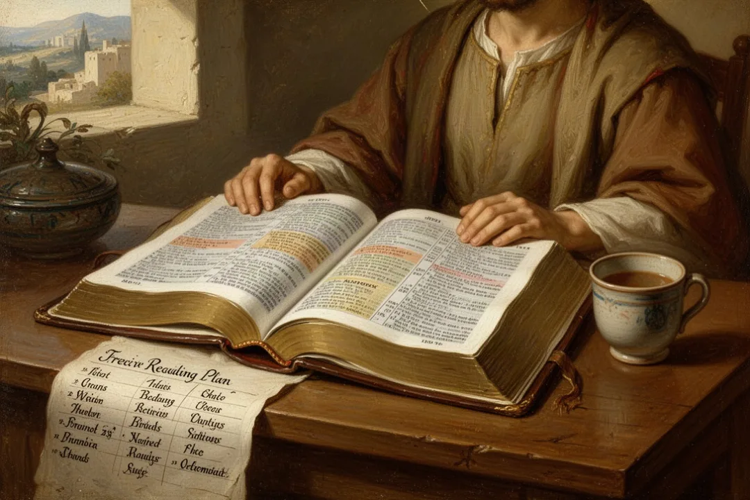 Open Bible with reading plan and warm morning light on a wooden table
