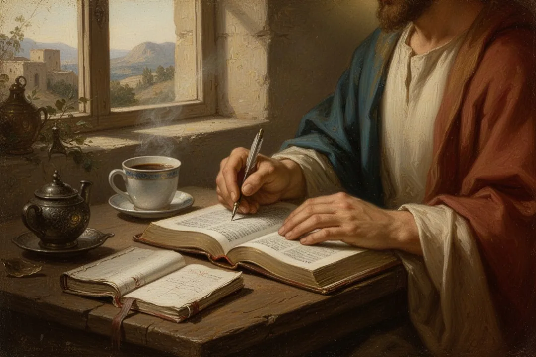 Open Bible and journal beside coffee during quiet morning reflection