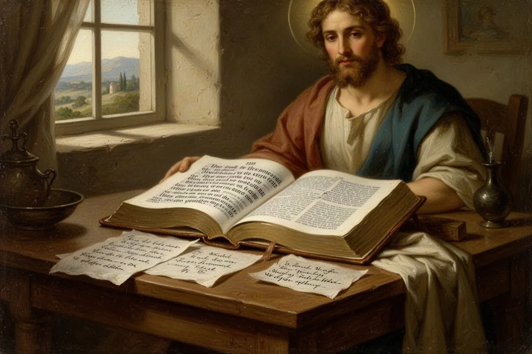 Open Bible and reference notes on a softly lit study table