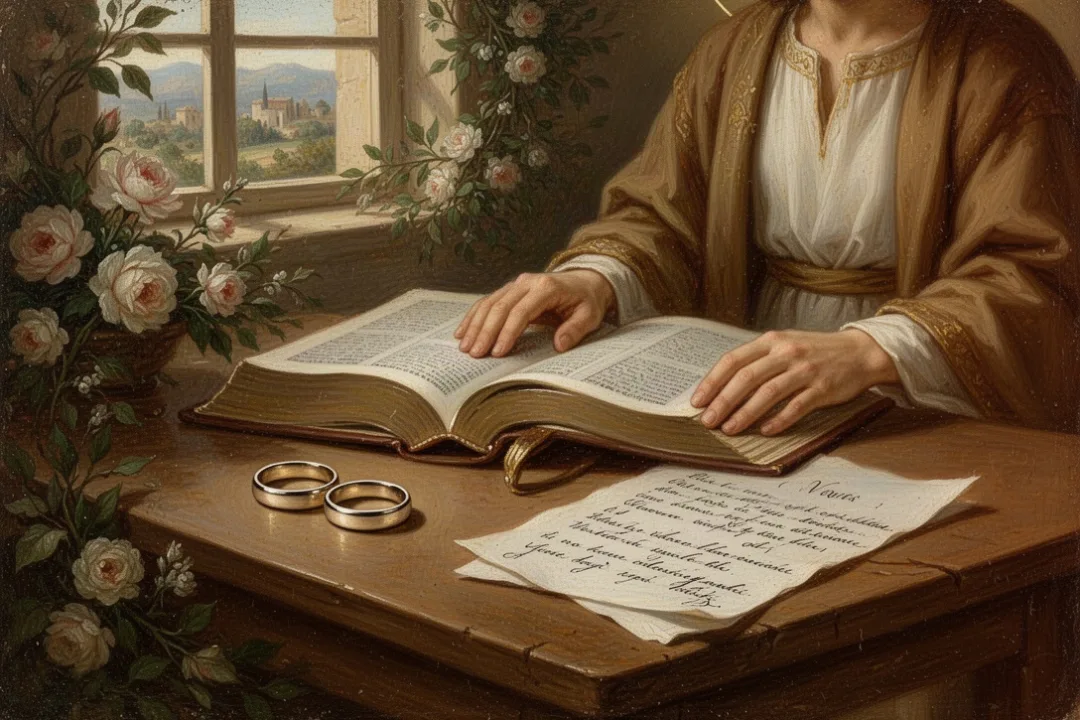 Simple wedding rings beside an open Bible and wedding vows