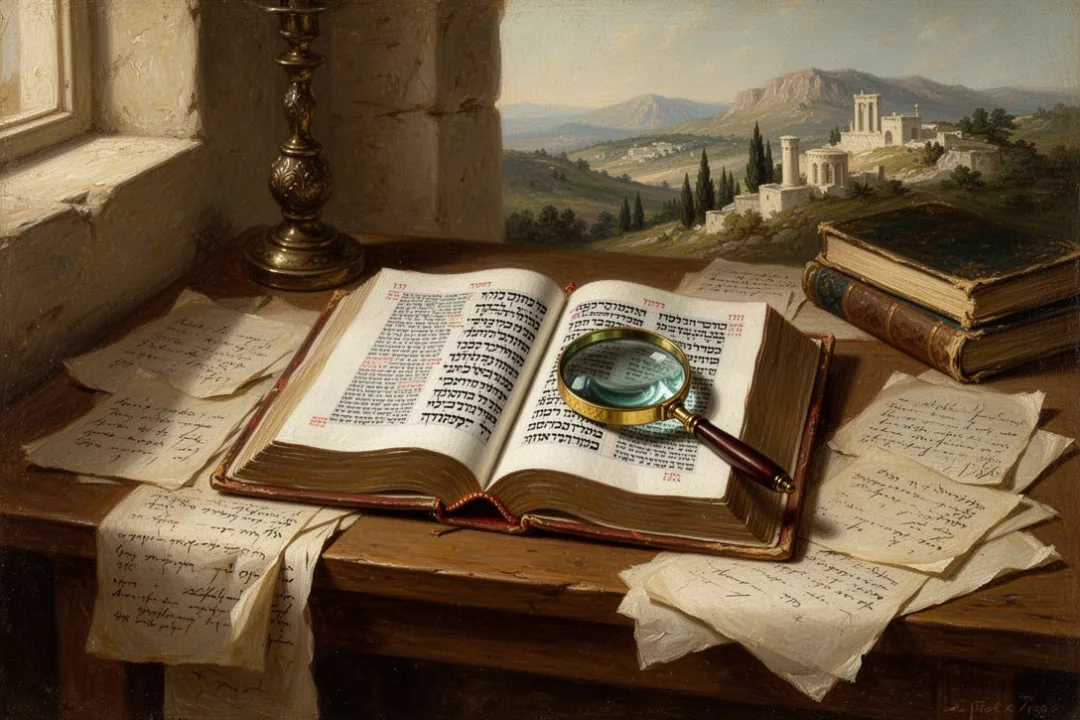 Hebrew Bible manuscript and scholarly tools on an archival study table