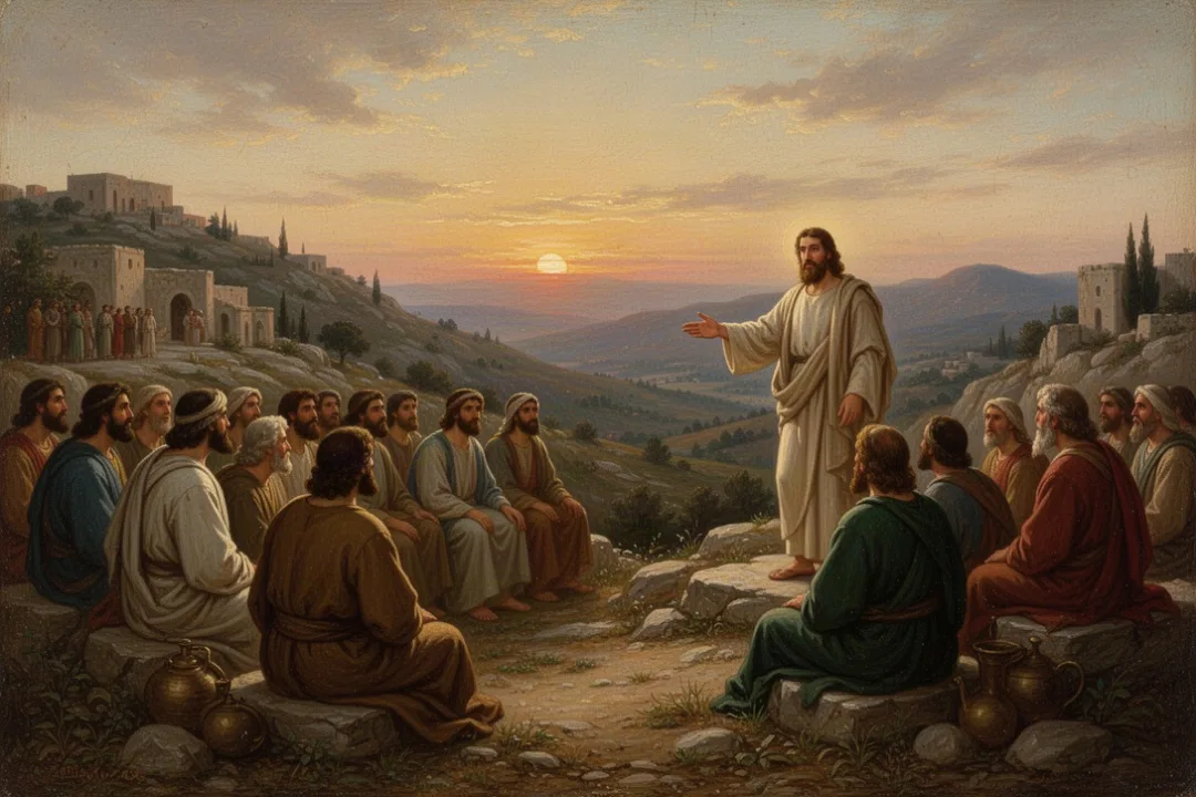 People listening to Jesus teach on a hillside at sunrise