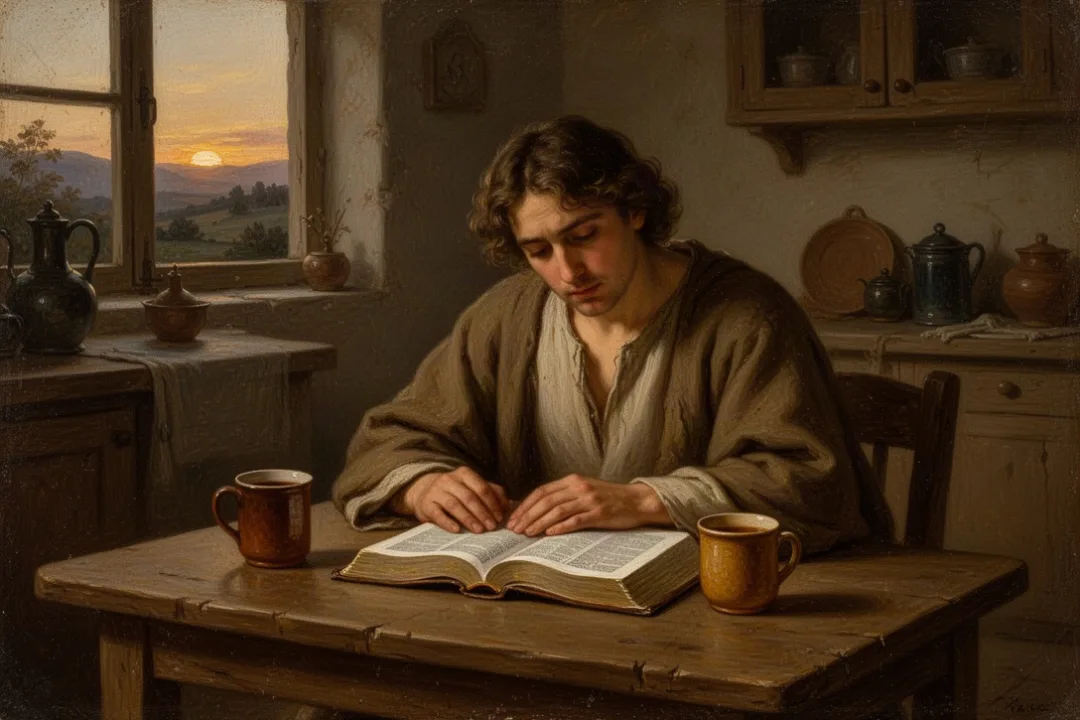 Weary person praying beside an open Bible at a quiet kitchen table