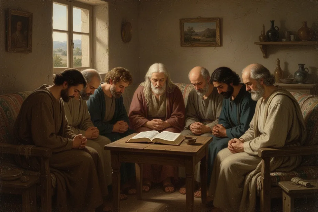 Small Christian group praying together around an open Bible