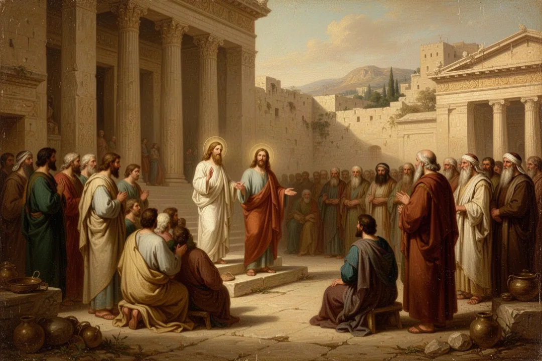 Jesus teaching in the Jerusalem temple courtyard during Matthew 22