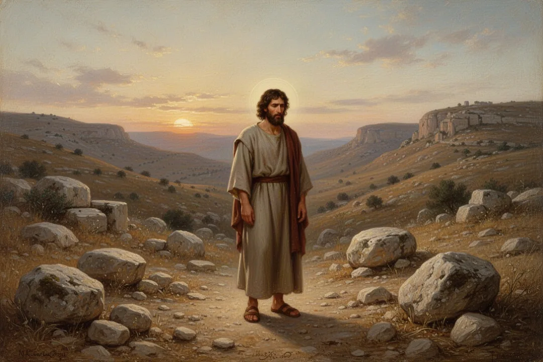 Jesus in the wilderness facing temptation among stones and dry hills