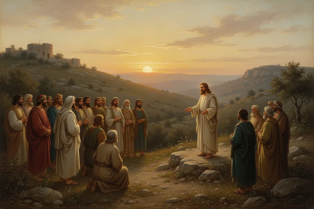 Diverse listeners gathered on a hillside during a peaceful teaching