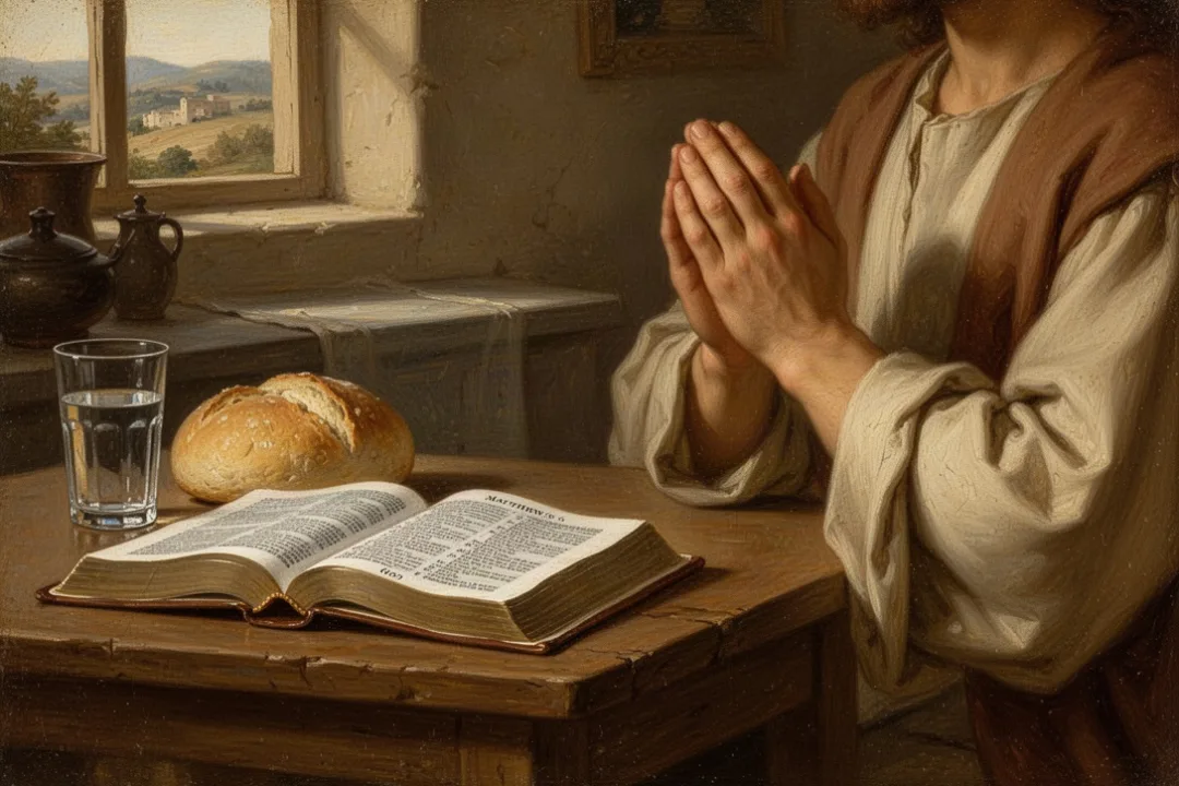 Open Bible, bread, and praying hands illustrating daily prayer