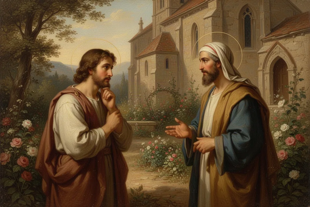 Two adults having a thoughtful conversation near a church garden