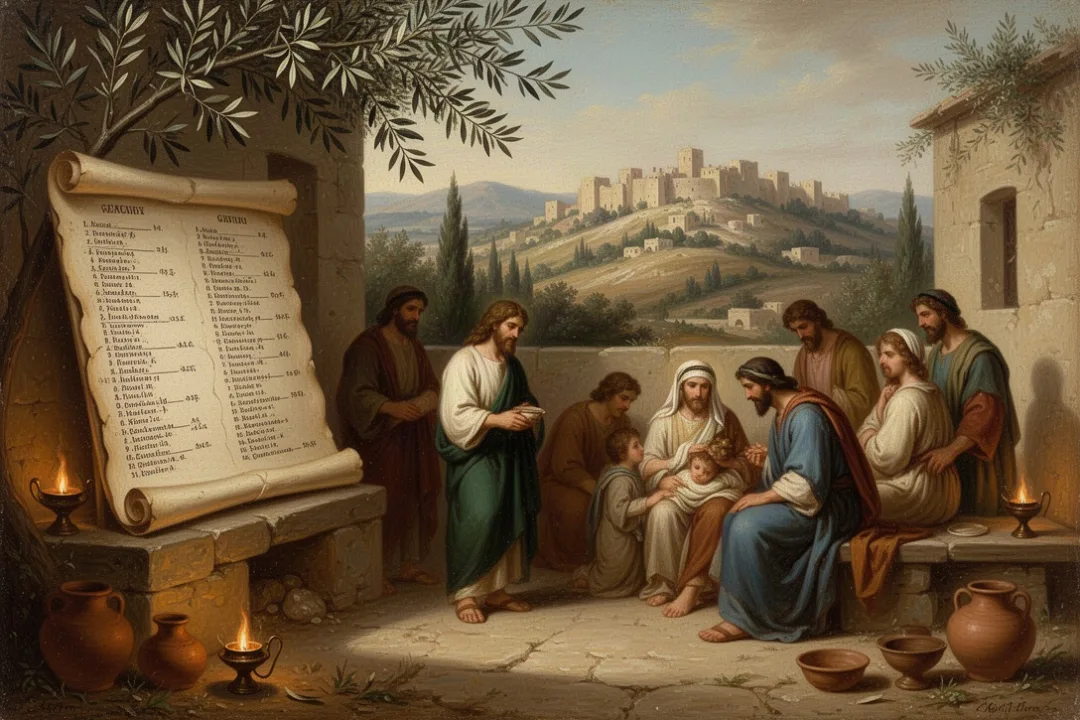 Open parchment and ancient courtyard representing Matthew’s genealogy of Jesus