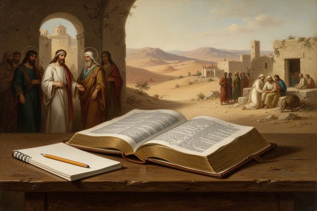 Open Bible and notebook representing study of biblical men