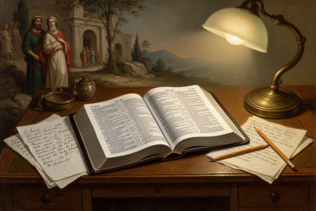 Open Bible with study notes and reading lamp on wooden desk