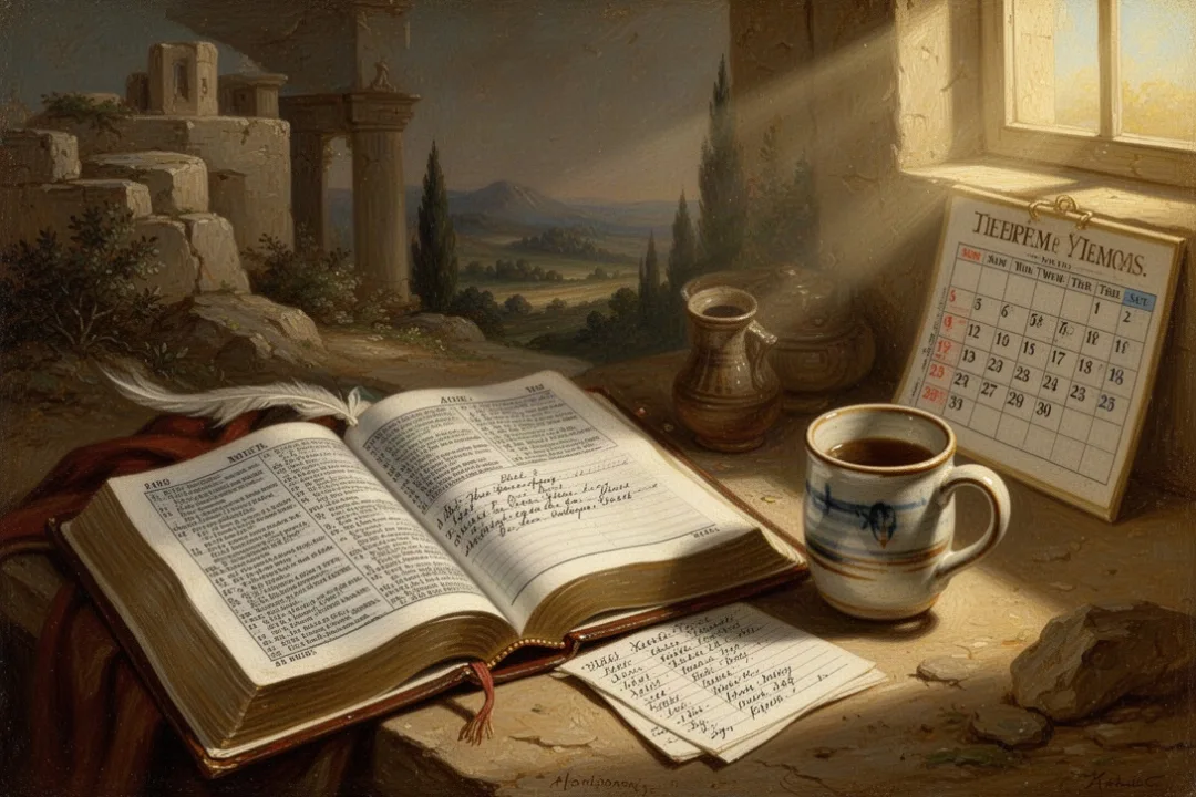 Open Bible and monthly devotional notes beside a calendar